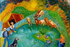 Folk- Art- Painting- Feeding the ducks-Oil on canvas